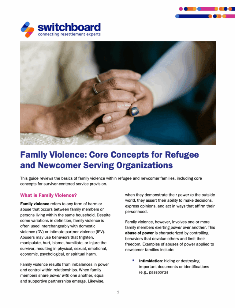 Family Violence: Core Concepts for Refugee and Newcomer Serving Organizations